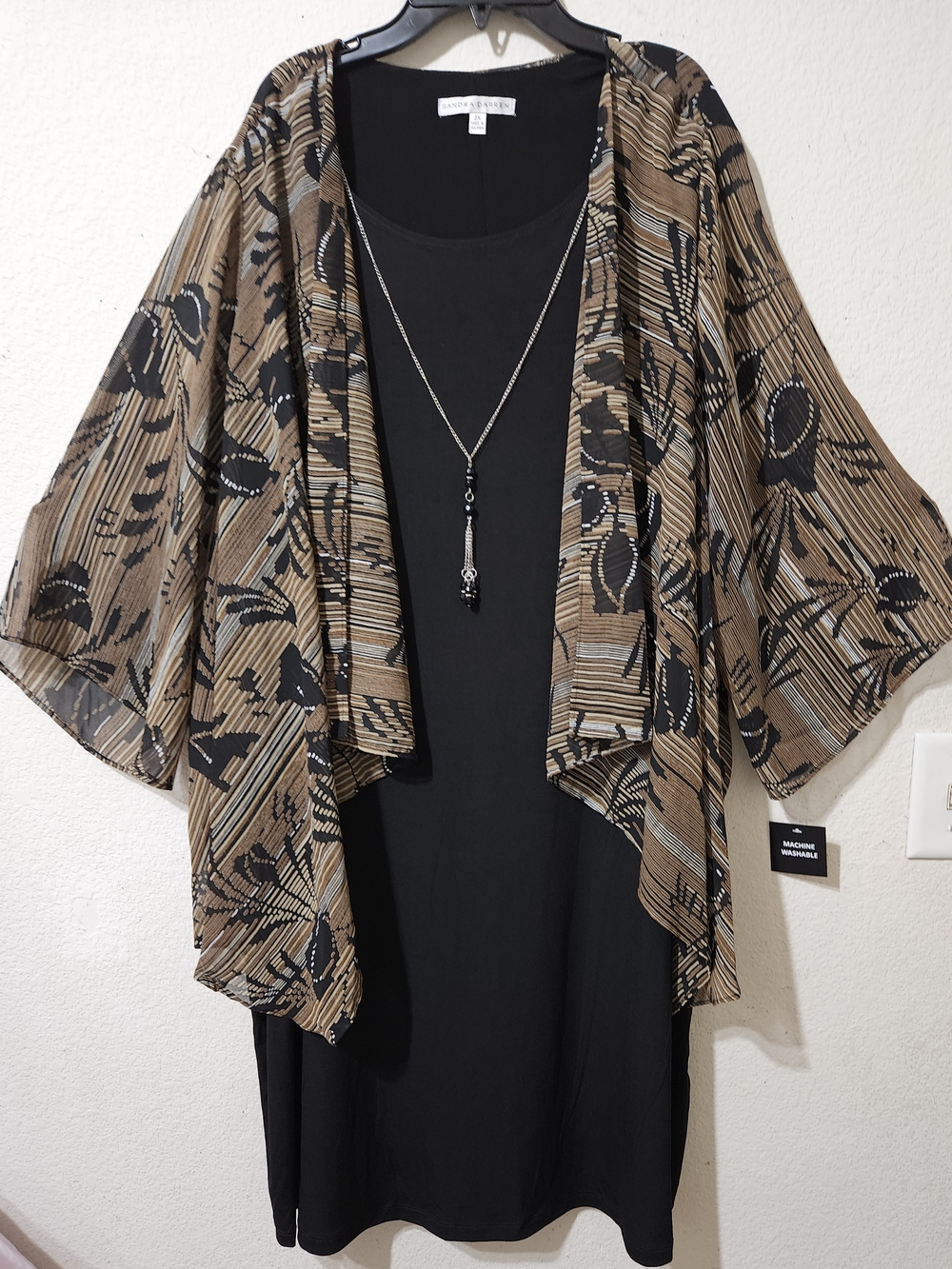 Sandra Darren Black Dress with Brown Printed Open Cardigan and Necklace